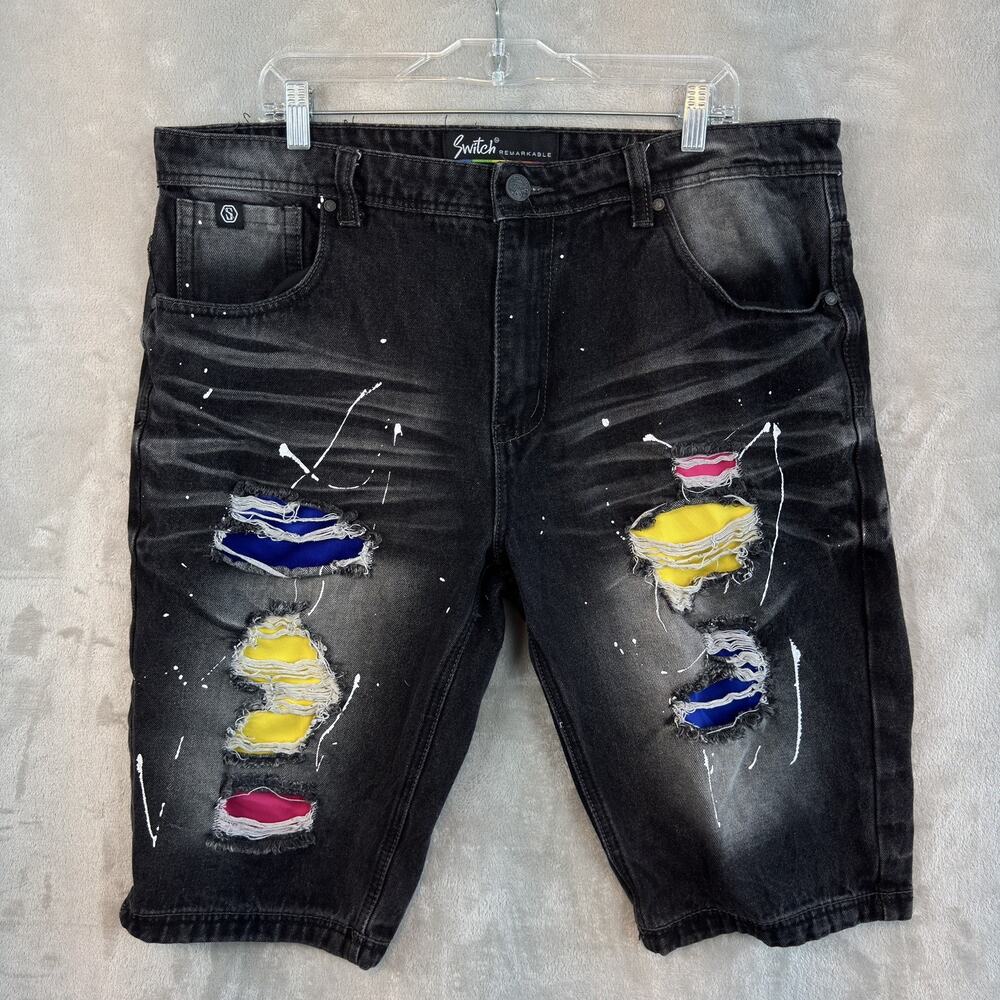 Switch Remarkable Denim Shorts Men's 38" Paint Splatter Patchwork Y2K Skatercore